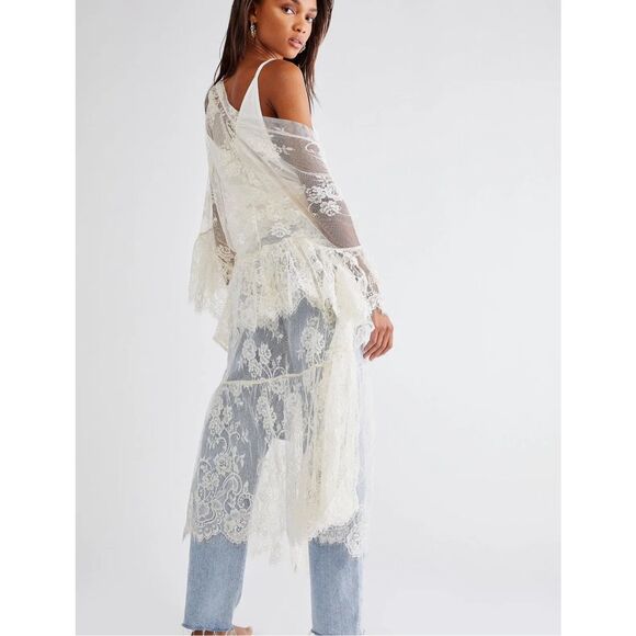 New Free People Muche Muchette Barbara Tiered Lace Kimono One Size - Picture 3 of 8